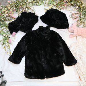 Old Navy Toddler Black Fur Jacket with Black Fur Scarf + Matching Bucket Hat